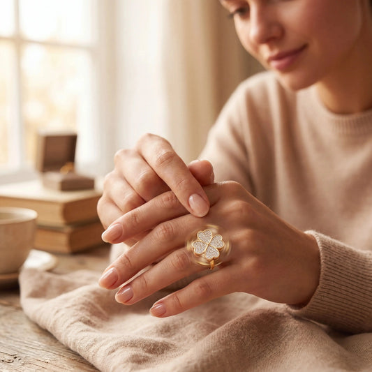 Woman Wearing Lucky Clover Spinner Ring for Anxiety and Stress Relief