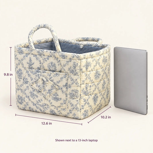 Quilted basket size guide: 12.6 in wide, 10.2 in deep, 9.8 in tall, shown next to a 13-inch laptop