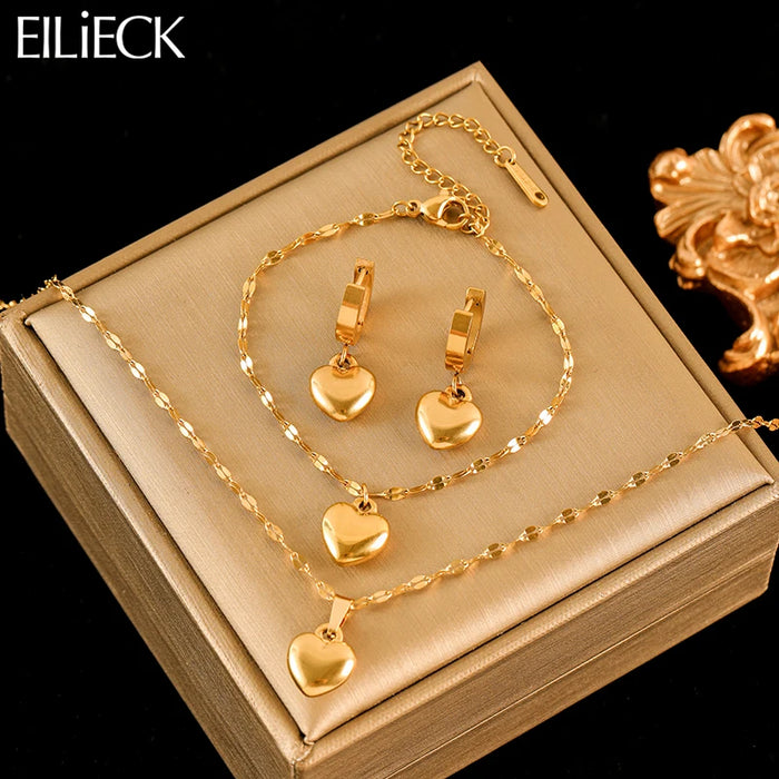 Gold Heart Jewelry Set – Necklace, Bracelet & Earrings Gift for Her
