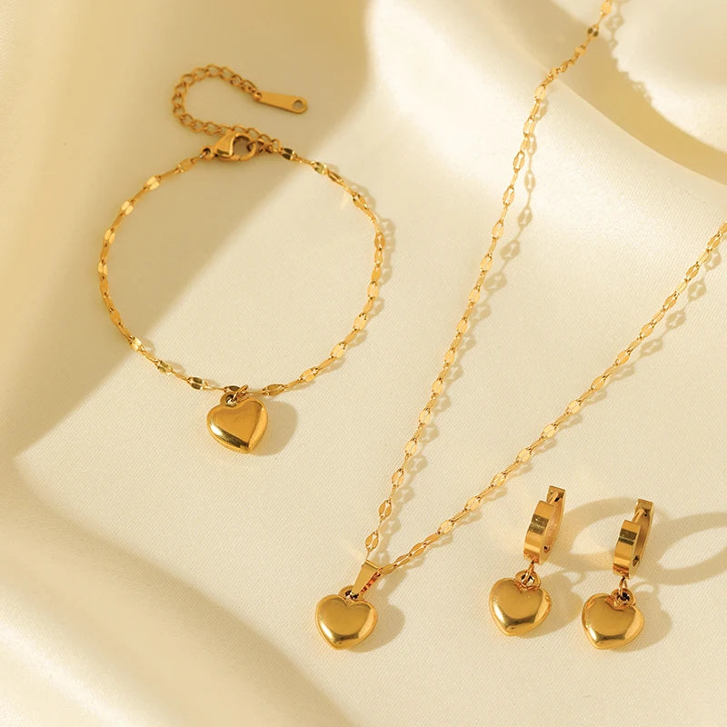 Gold Heart Jewelry Set – Necklace, Bracelet & Earrings Gift for Her