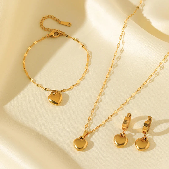 Gold Heart Jewelry Set – Necklace, Bracelet & Earrings Gift for Her