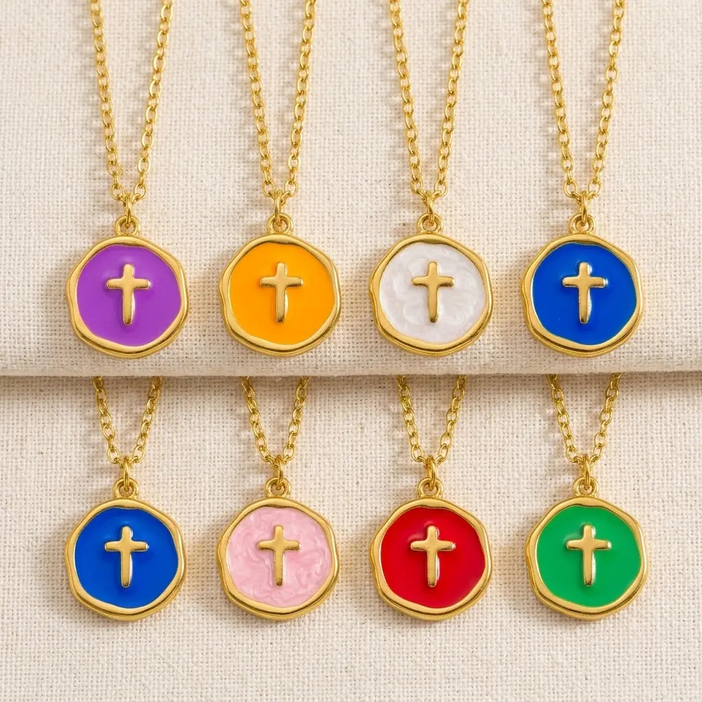 Collection of Colorful Pastel Enamel Cross Necklaces Stainless Steel