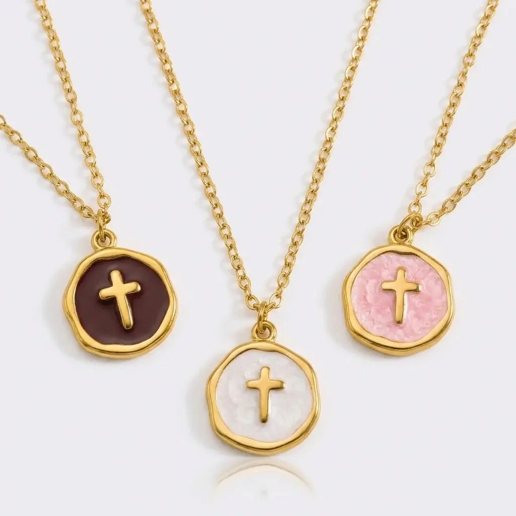 Gold Pastel Enamel Cross Charm Pendant Necklaces in Brown White and Pink