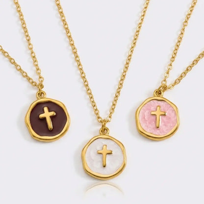 Gold Pastel Enamel Cross Charm Pendant Necklaces in Brown White and Pink