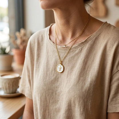 Woman Wearing Gold Pastel Cross Charm Pendant Everyday Faith Jewelry