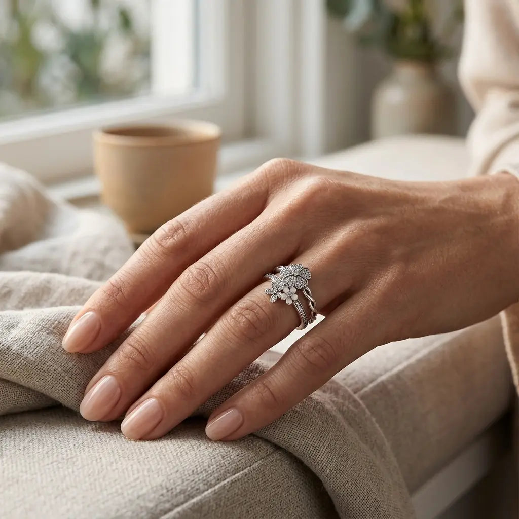 Zircon stacking ring worn on a hand