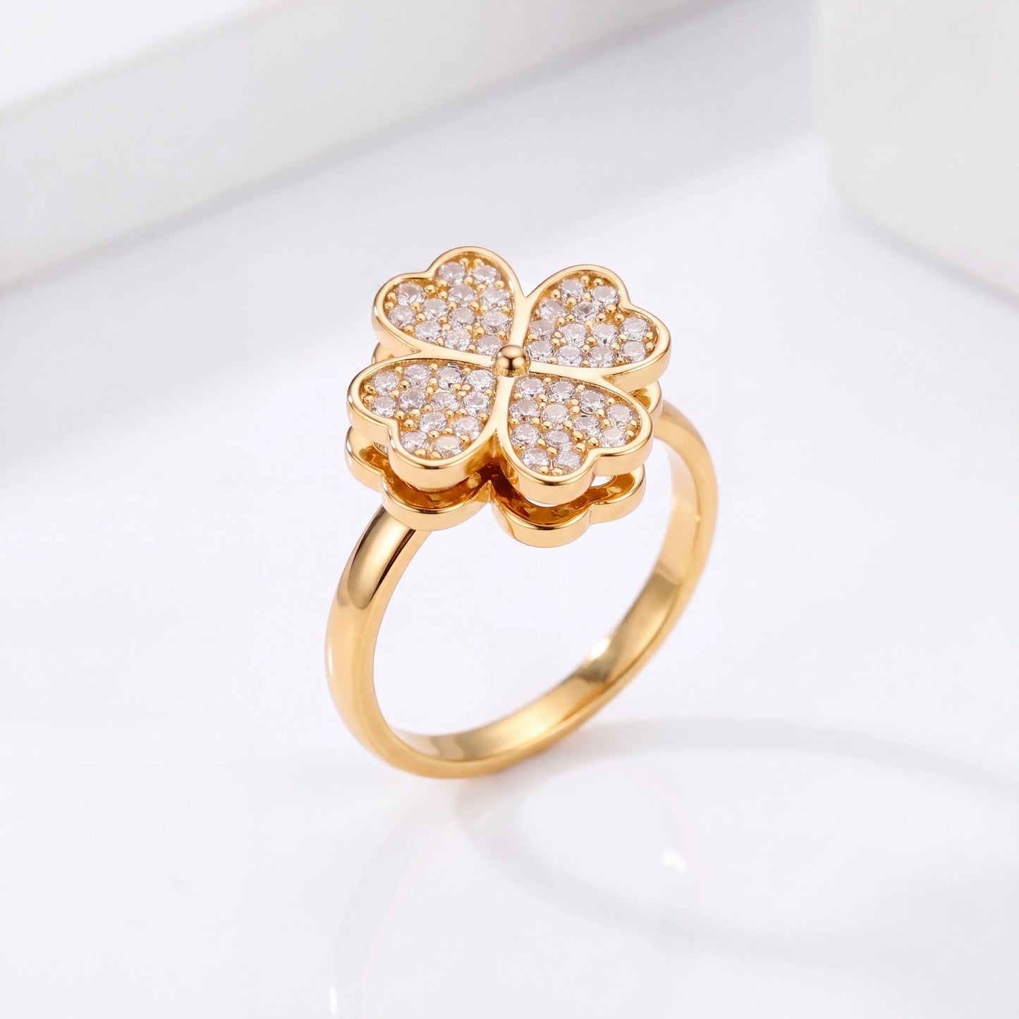 Gold Lucky Clover Spinning Ring with Cubic Zirconia Fidget Jewelry