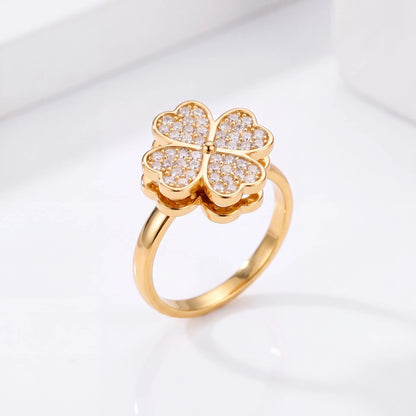 Gold Lucky Clover Spinning Ring with Cubic Zirconia Fidget Jewelry