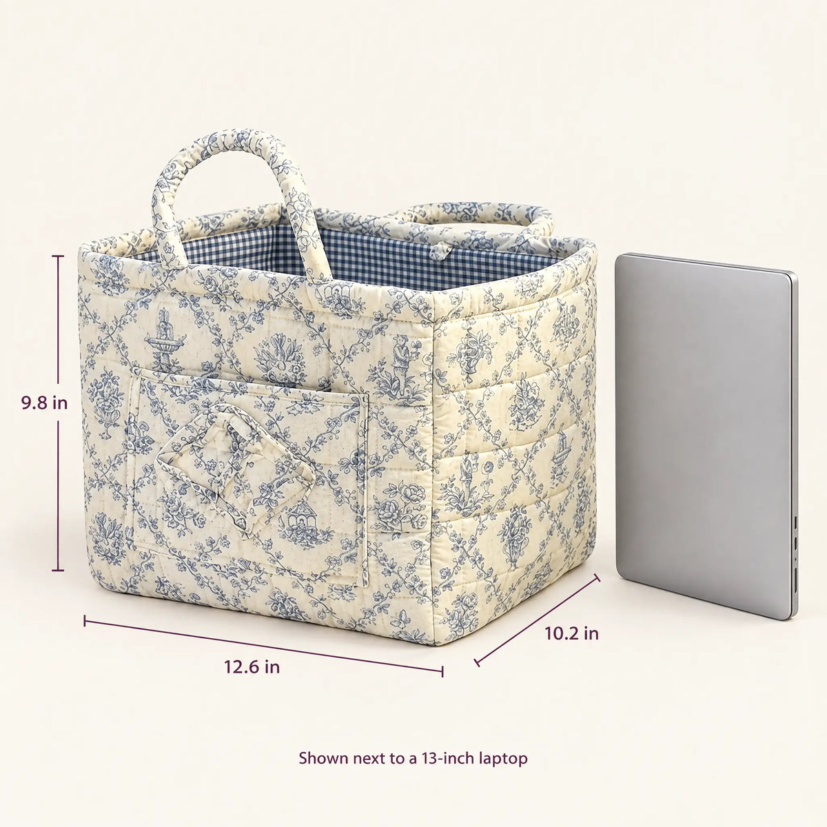 Quilted basket size guide: 12.6 in wide, 10.2 in deep, 9.8 in tall, shown next to a 13-inch laptop